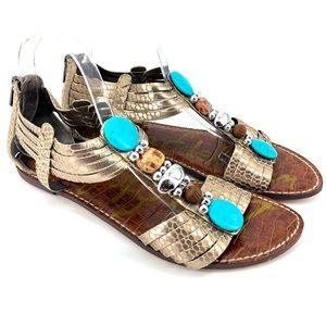 Sam Edelman Gifford Metallic Snakeskin Stone Sandals Turquoise Leather Size 11